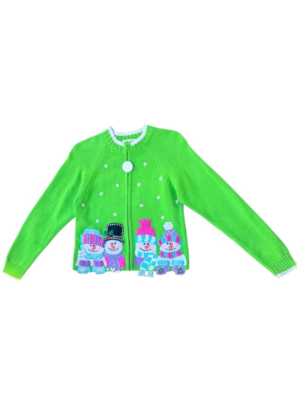 Vintage Tiara Girls Green Snowman Christmas Sweater Zip Up Cardigan